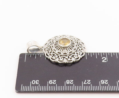 925 Sterling Silver Vintage Pendant Round Cut Citrine Openwork Charm  PT26240