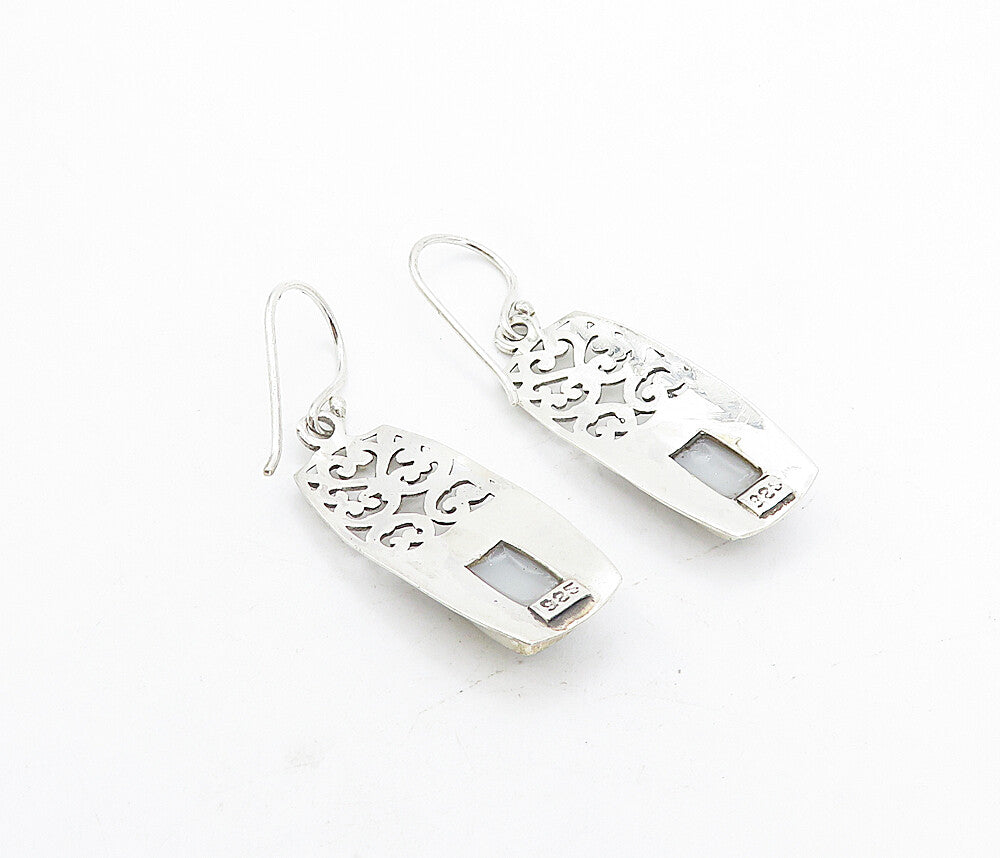 925 Sterling Silver  Mother Of Pearl Swirl Cutout Square Drop Earrings  EG3406