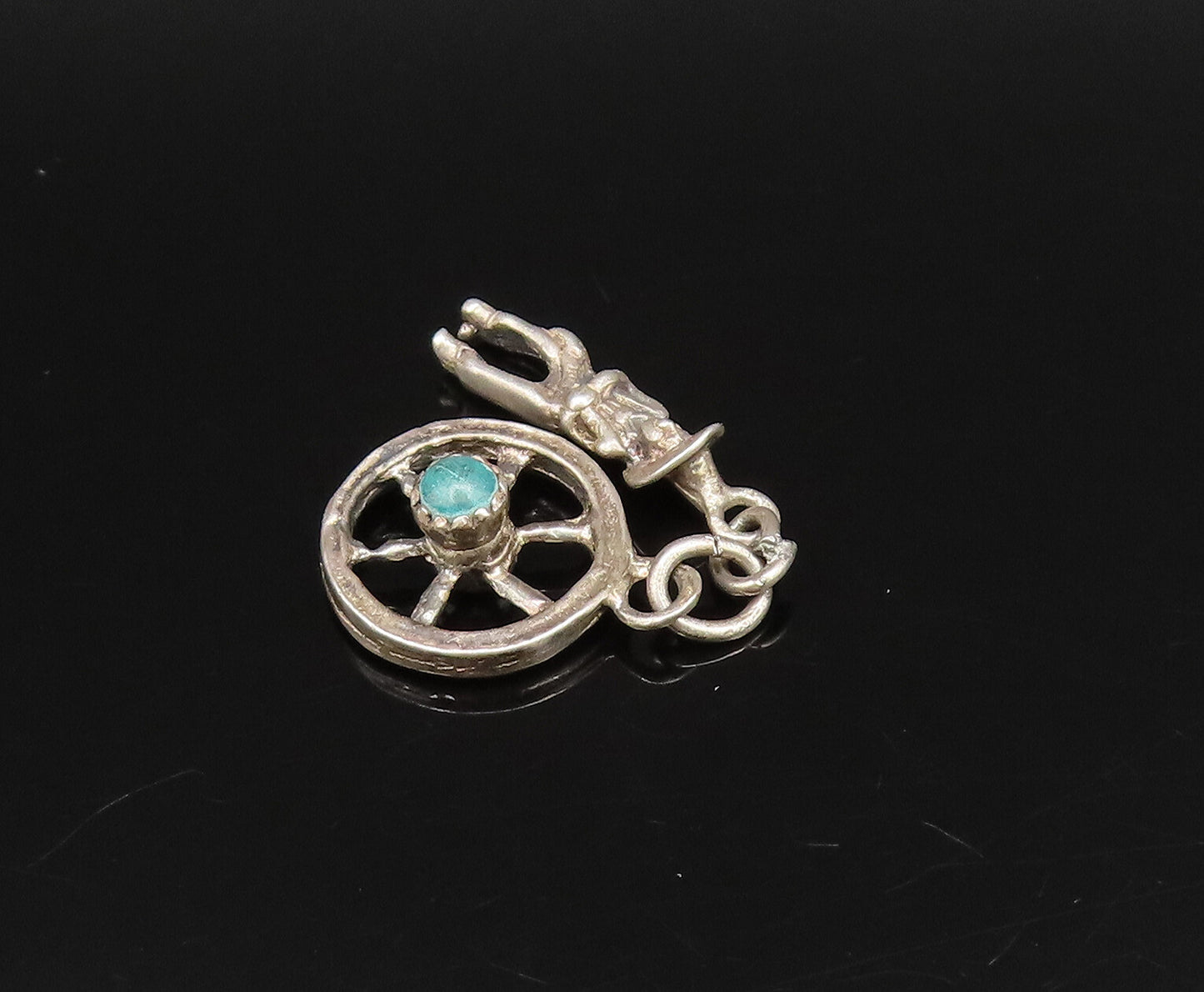 925 Sterling Silver  Vintage Cowboy & Turquoise Wheel Charm Pendant  PT21606