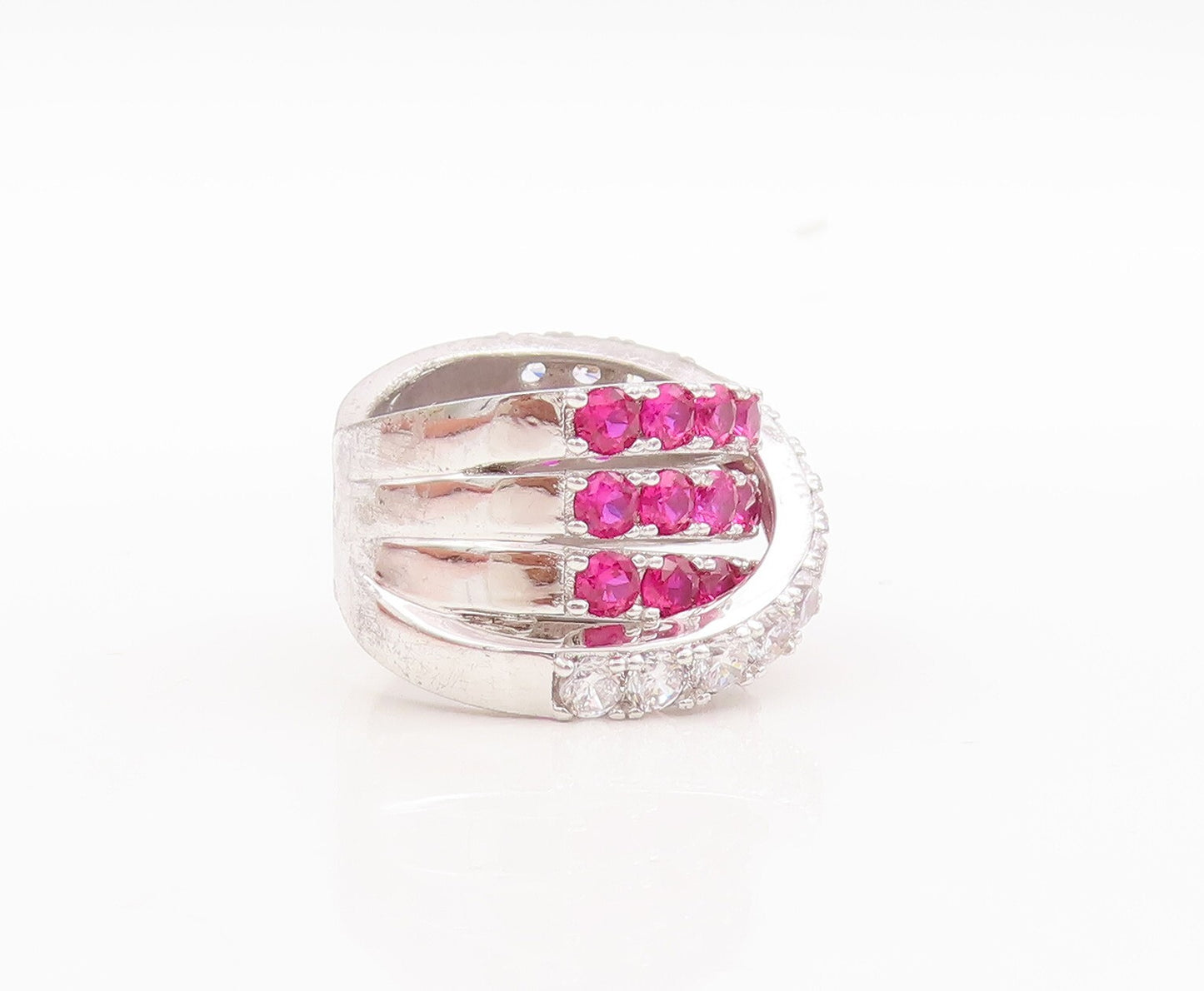 925 Sterling Silver Vintage Ring Designer Pink & White CZ Bands  Sz 6  RG29760