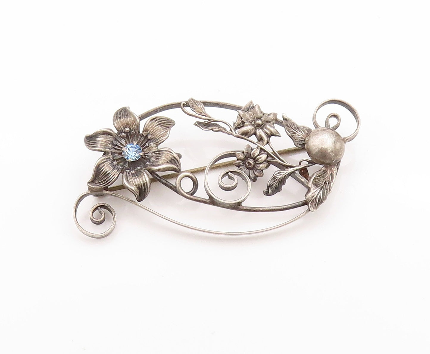 925 Sterling Silver Vintage Brooch Blue CZ Swirls & Flowers Cutout  BP11628