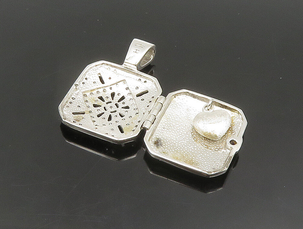 925 Sterling Silver  Vintage Heart Charm Square Topaz Pendant (OPENS)  PT20377