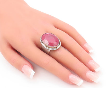 925 Sterling Silver Vintage Ring Large Oval Cut Red Gemstone  Sz 7.5  RG29524