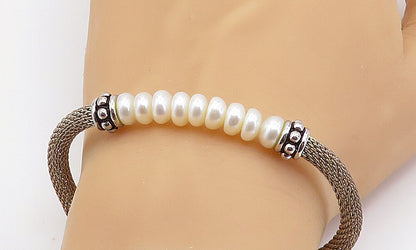 925 Sterling Silver   Vintage Button Pearls Beaded Mesh Chain Bracelet  BT3225