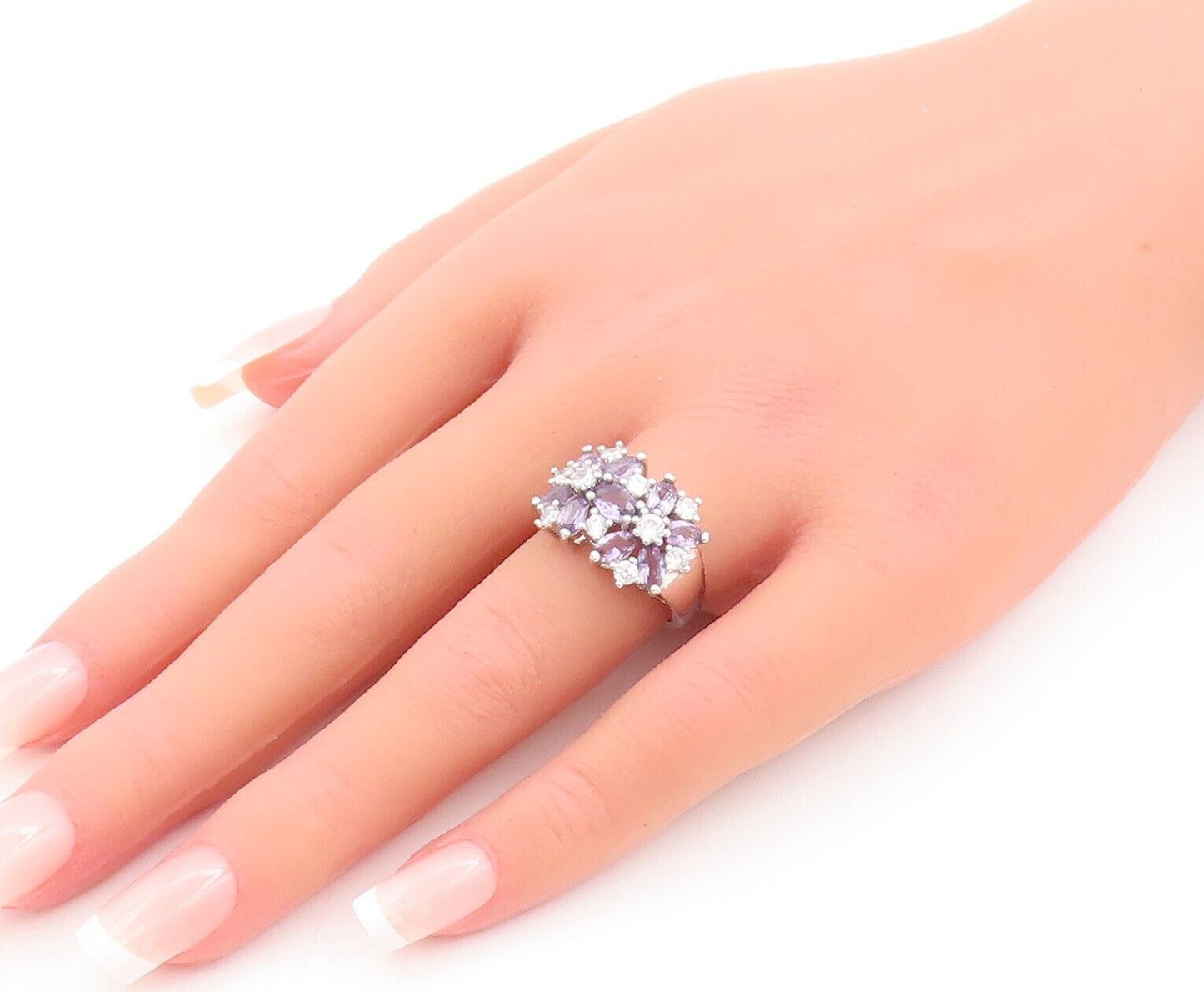 925 Sterling Silver Vintage Ring Oval Cut Amethyst & CZ Flower  Sz 6.5  RG28460