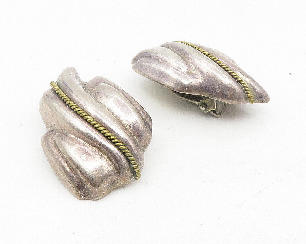 MEXICO 925 Silver  Vintage Two Tone Rope Twist Non Pierce Earrings  EG5559