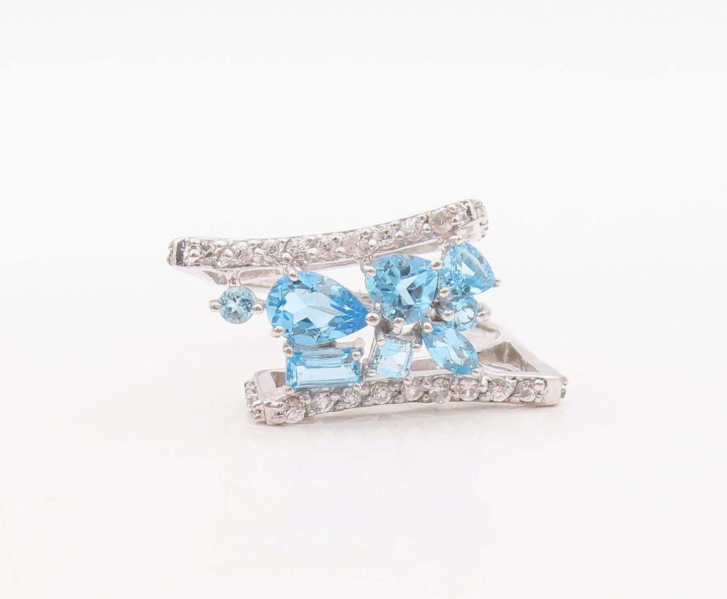 925 Sterling Silver Vintage Ring  Designer Cutout Blue & White CZ  Sz 7  RG30600