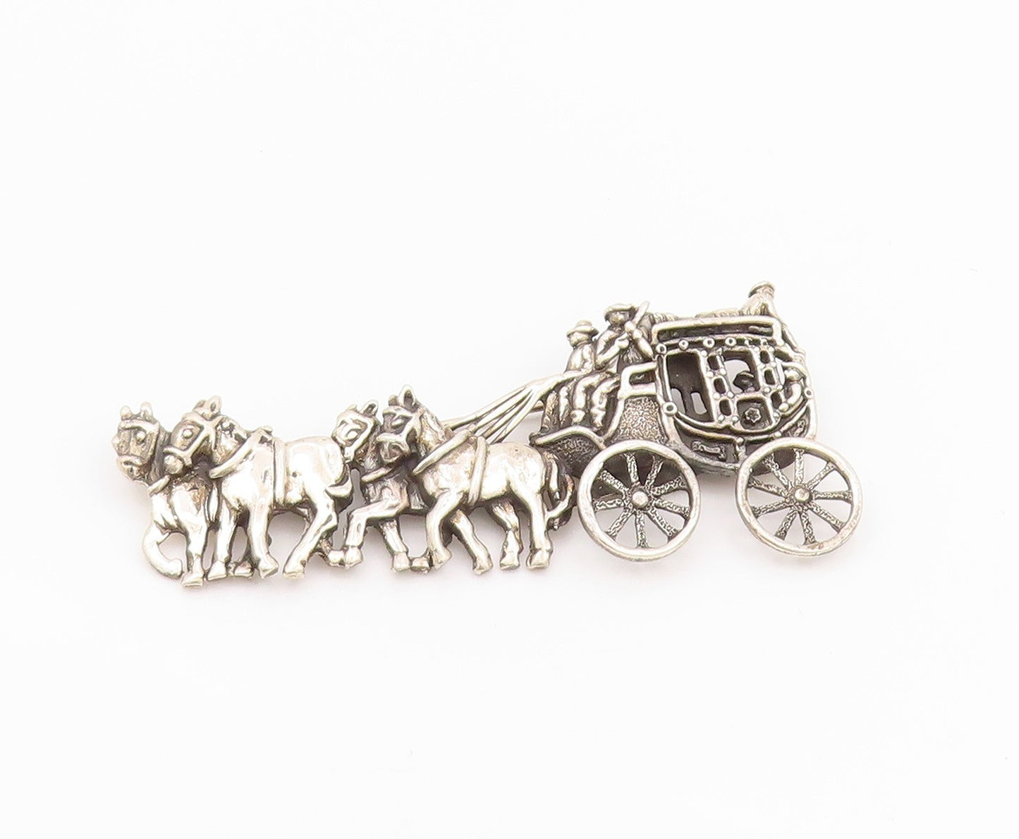 925 Sterling Silver Vintage Brooch Antique Cutout Royal Horse Cart  BP11683