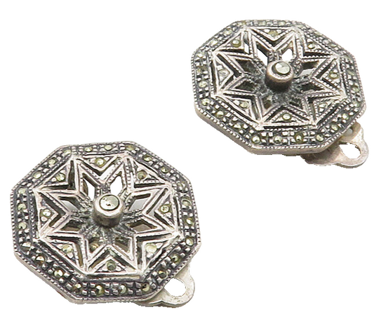 925 Sterling Silver  Vintage Marcasite Floral Non Pierce Earrings  EG5046