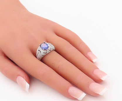 925 Sterling Silver Vintage Ring Carved CZ Inlay Oval Sapphire  Sz 7.5  RG29959