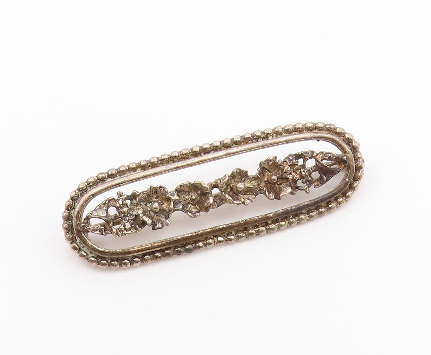 BEAU 925 Sterling Silver  Vintage Shiny Row Of Flowers Brooch Pin  BP8499