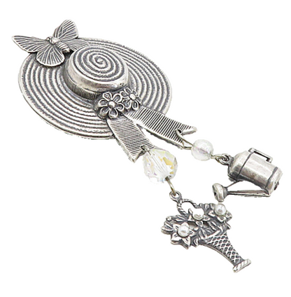 925 Silver  Vintage Rainbow Quartz & Petite Pearls Hat Brooch Pin  BP3226