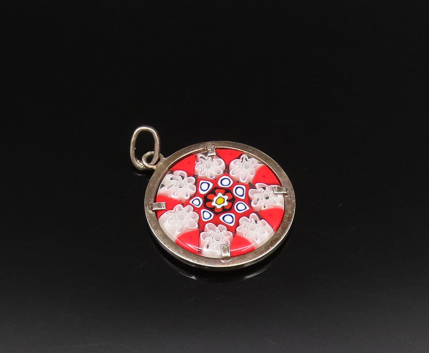 925 Silver  Vintage Double Sided Round Floral Art Glass Pendant  PT21295