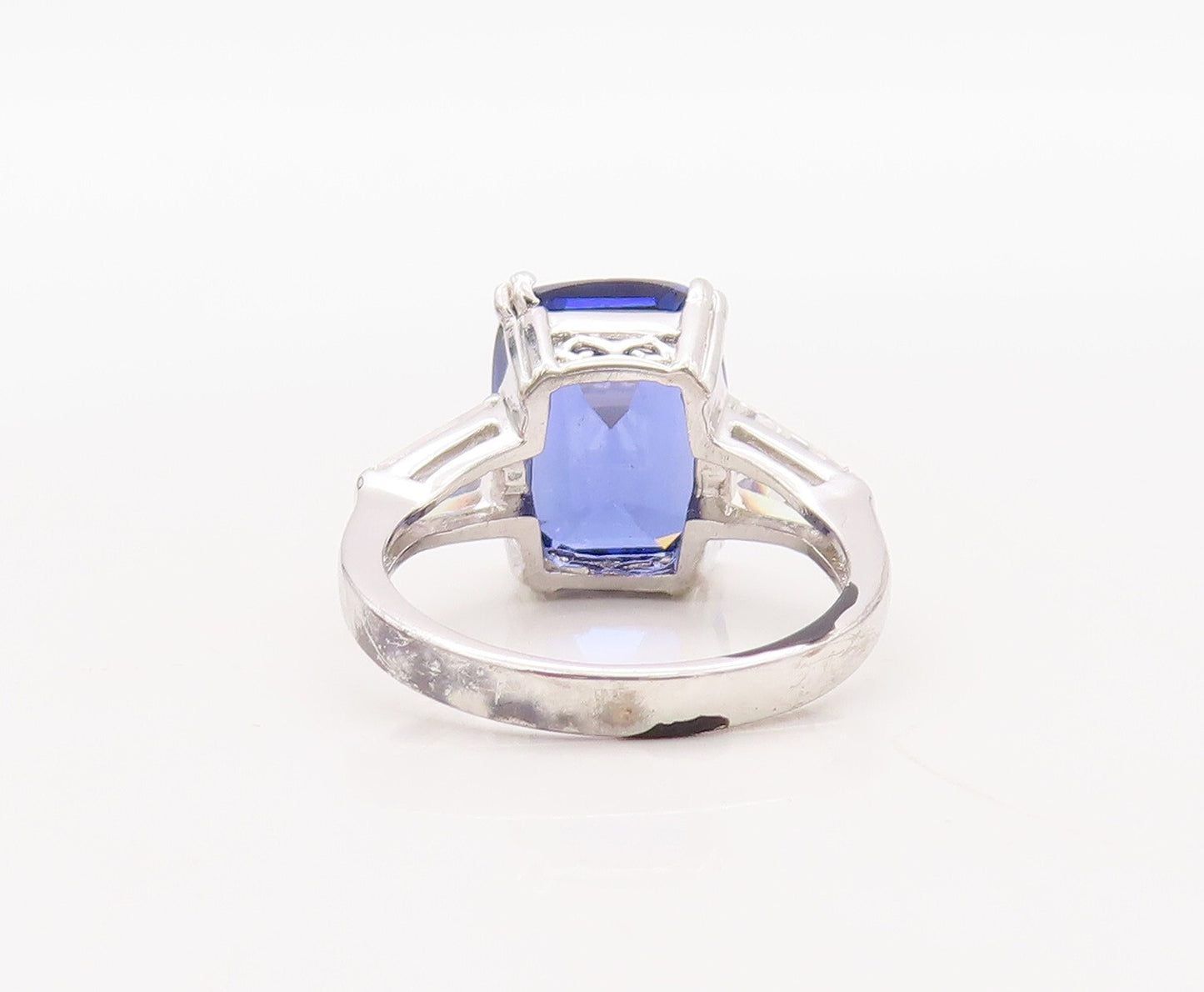 925 Sterling Silver Vintage Ring Rectangle Sapphire & CZ  Sz 7  RG30688