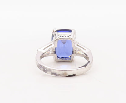 925 Sterling Silver Vintage Ring Rectangle Sapphire & CZ  Sz 7  RG30688