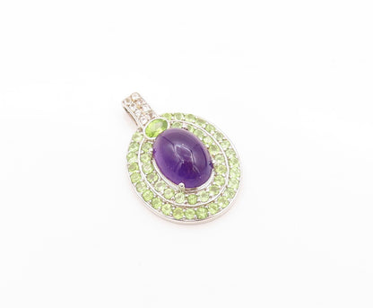 925 Sterling Silver Vintage Pendant Oval Amethyst Halo Peridot & Topaz  PT24100
