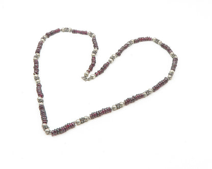 925 Sterling Silver  Vintage Garnet Beaded Pattern Chain Necklace  NE2911