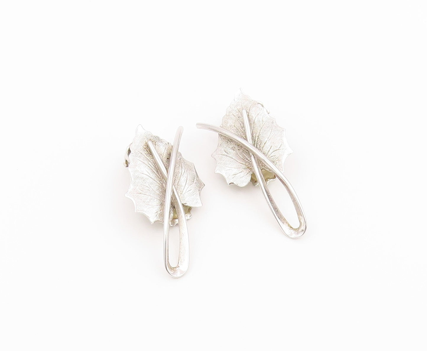 925 Sterling Silver Vintage Earrings Modernist Textured Leaf Clip On  EG14475