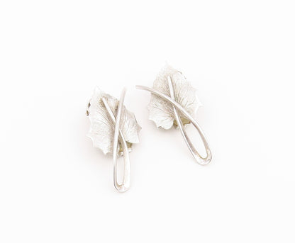 925 Sterling Silver Vintage Earrings Modernist Textured Leaf Clip On  EG14475