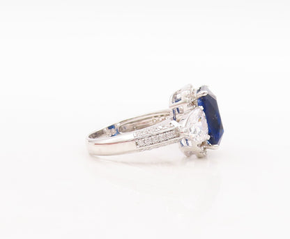 925 Sterling Silver Vintage Ring Rectangle Sapphire Halo CZ Framed  Sz 7 RG29369