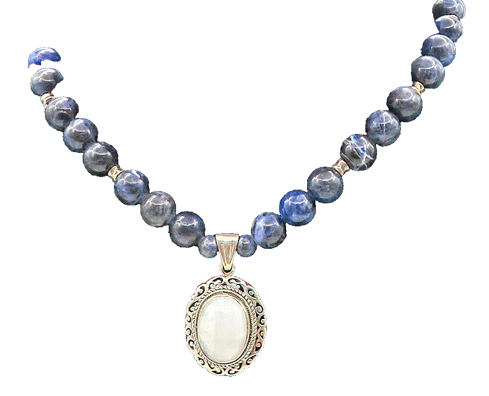 925 Sterling Silver  Vintage Moonstone & Sodalite Beaded Chain Necklace NE1211