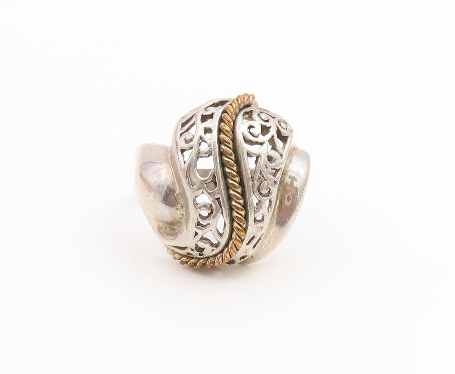 925 Sterling Silver Vintage Ring Two Tone Twisted Rope Openwork  Sz 7.5  RG36715