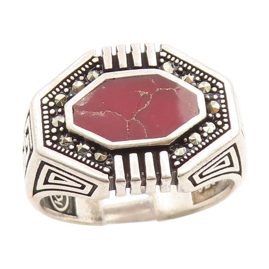 925 Sterling Silver Vintage Ring Carnelian & Marcasite Bold Band  Sz 11  RG34891