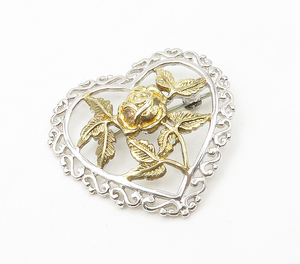 925 Sterling Silver  Vintage Two Tone Floral Love Heart Brooch Pin  BP6096