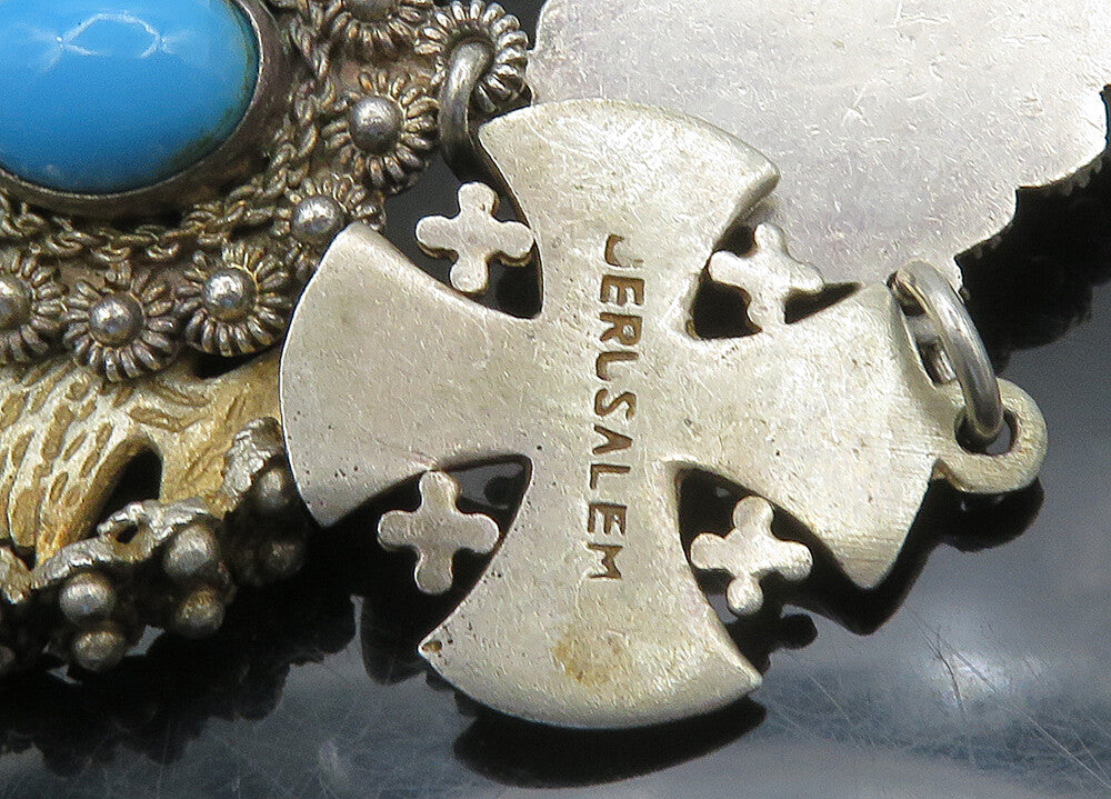 ISRAEL 925 Silver  Vintage Turquoise Floral Twist Cross Chain Bracelet  BT8650