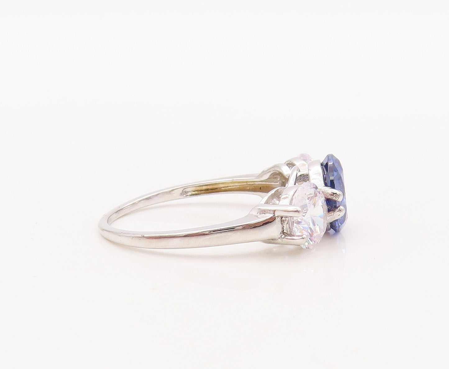 925 Sterling Silver Vintage Ring 3 Stone Round Sapphire & CZ  Sz 7.5  RG30873