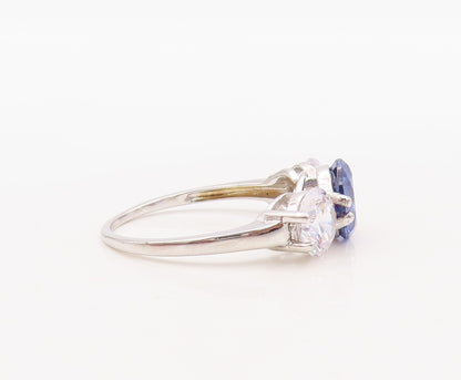 925 Sterling Silver Vintage Ring 3 Stone Round Sapphire & CZ  Sz 7.5  RG30873