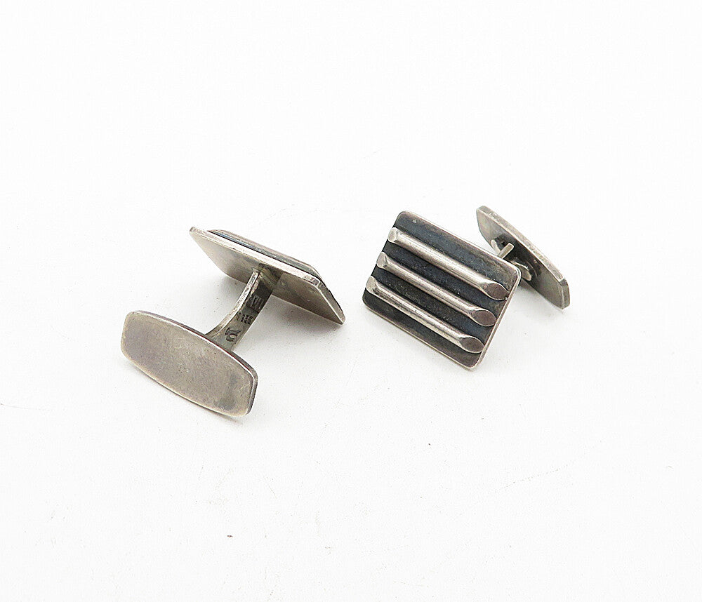 TH. F 925 Sterling Silver  Vintage Dark Tone Square Ribbed Cuff Links  TR1159