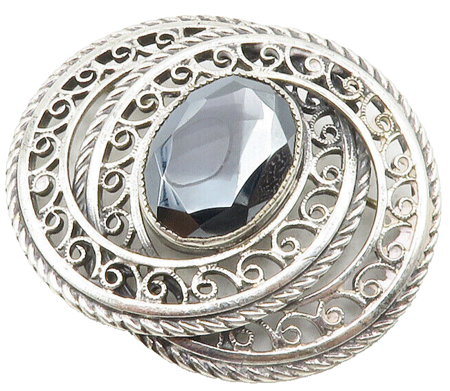 DANECRAFT 925 Sterling Silver  Vintage Hematite Shiny Swirl Brooch Pin  BP4642