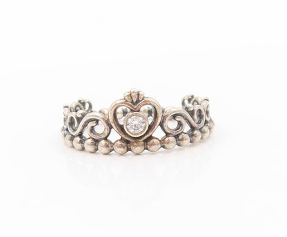 925 Sterling Silver Vintage Ring PANDORA CZ Heart Cutout Tieara  SZ 8.5  RG31968