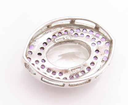 925 Sterling Silver Vintage Pendant Oval CZ Halo Amethyst Inlay Frame  PT23804