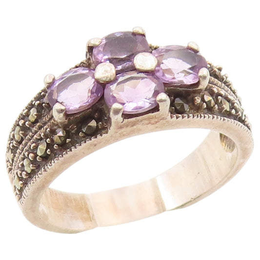 925 Sterling Silver Vintage Ring Amethyst & Marcasite Floral Band  Sz 9  RG36430