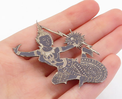 SIAM 925 Sterling Silver  Vintage Niello Detailed Dancer Brooch Pin  BP2463