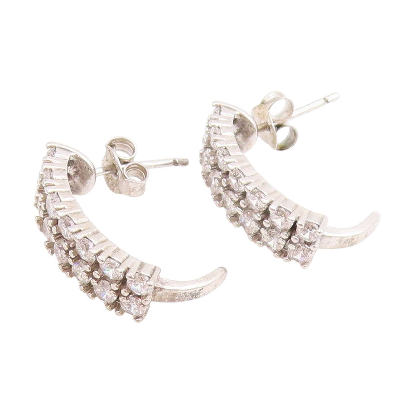 925 Sterling Silver Vintage Earrings Round CZ Curved Crescent Moon Studs  EG1093