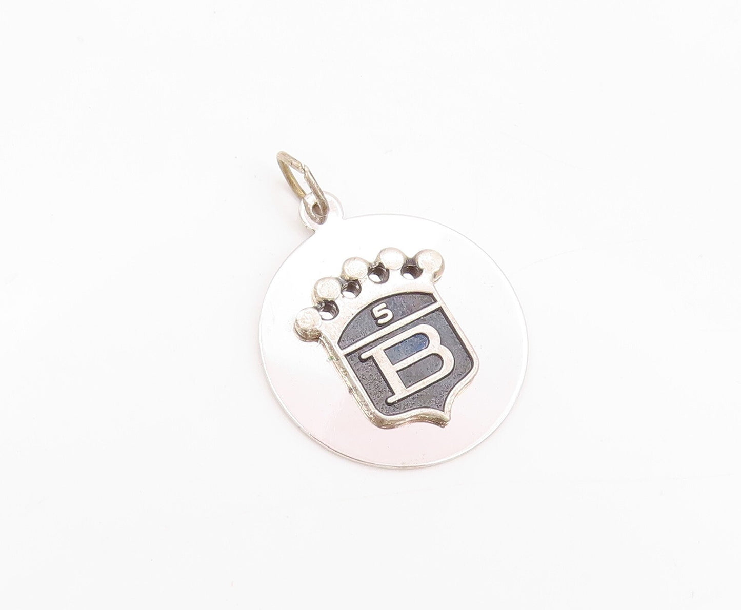 925 Sterling Silver Vintage Pendant  Designer Carved Crowned B 5 Coin  PT23925