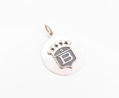 925 Sterling Silver Vintage Pendant  Designer Carved Crowned B 5 Coin  PT23925