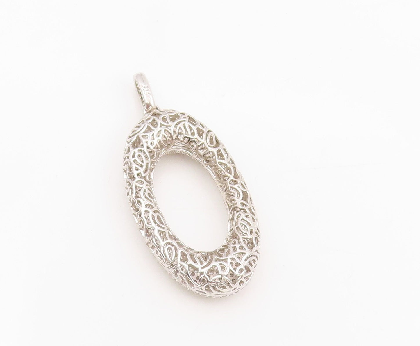 925 Sterling Silver Vintage Pendant Clustered CZ Open Puffed Oval Drop  PT25542