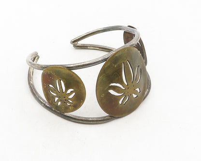 925 Sterling Silver  Vintage Flower Cutout Dark Tone Cuff Bracelet  BT4208