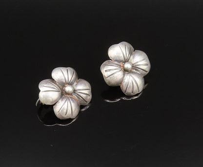 925 Silver  Vintage Etched Four Pedal Flower Non Pierced Earrings  EG12107