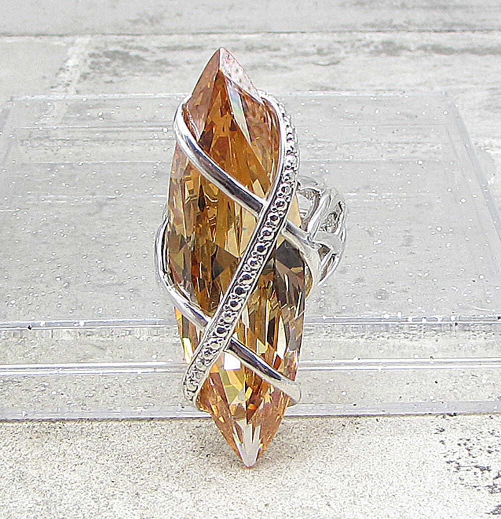 925 Silver  Marquise Cut Faceted Citrine Wrapped Solitaire Ring Sz 7  RG1594