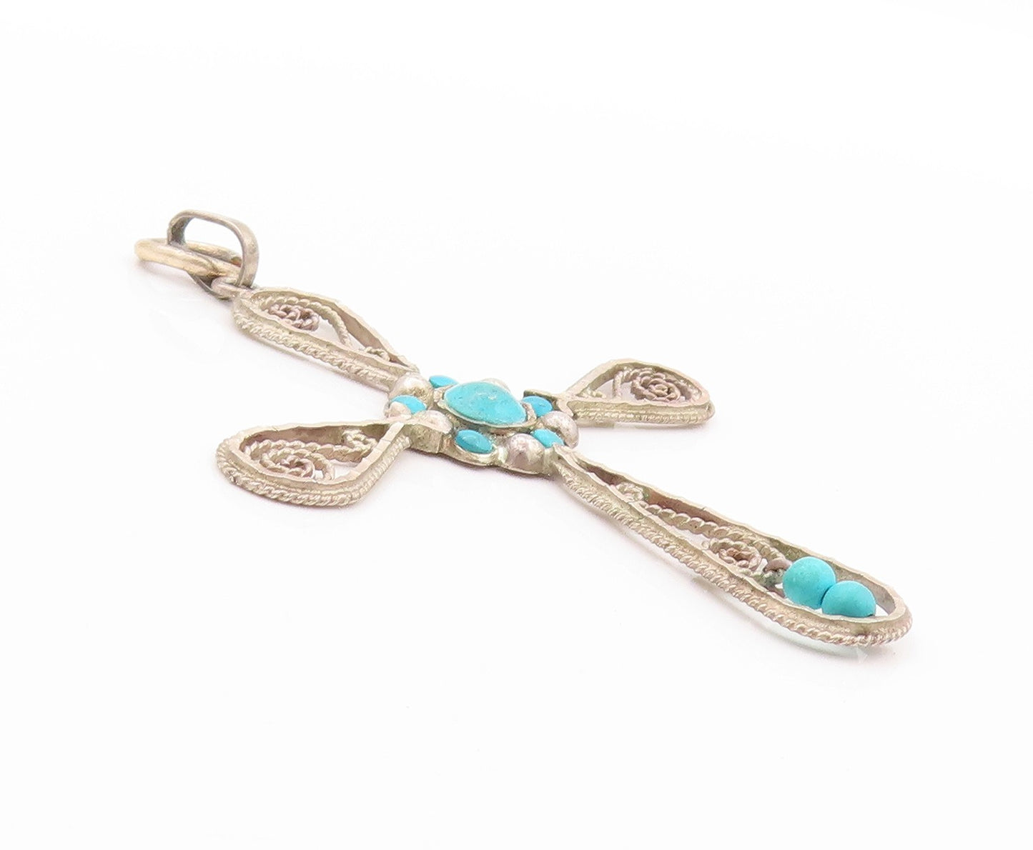 925 Sterling Silver Vintage Pendant Designer Wirework Turquoise Cross  PT24097