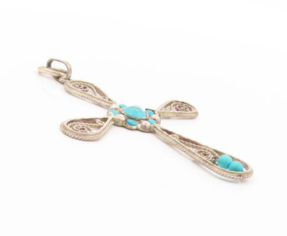 925 Sterling Silver Vintage Pendant Designer Wirework Turquoise Cross  PT24097