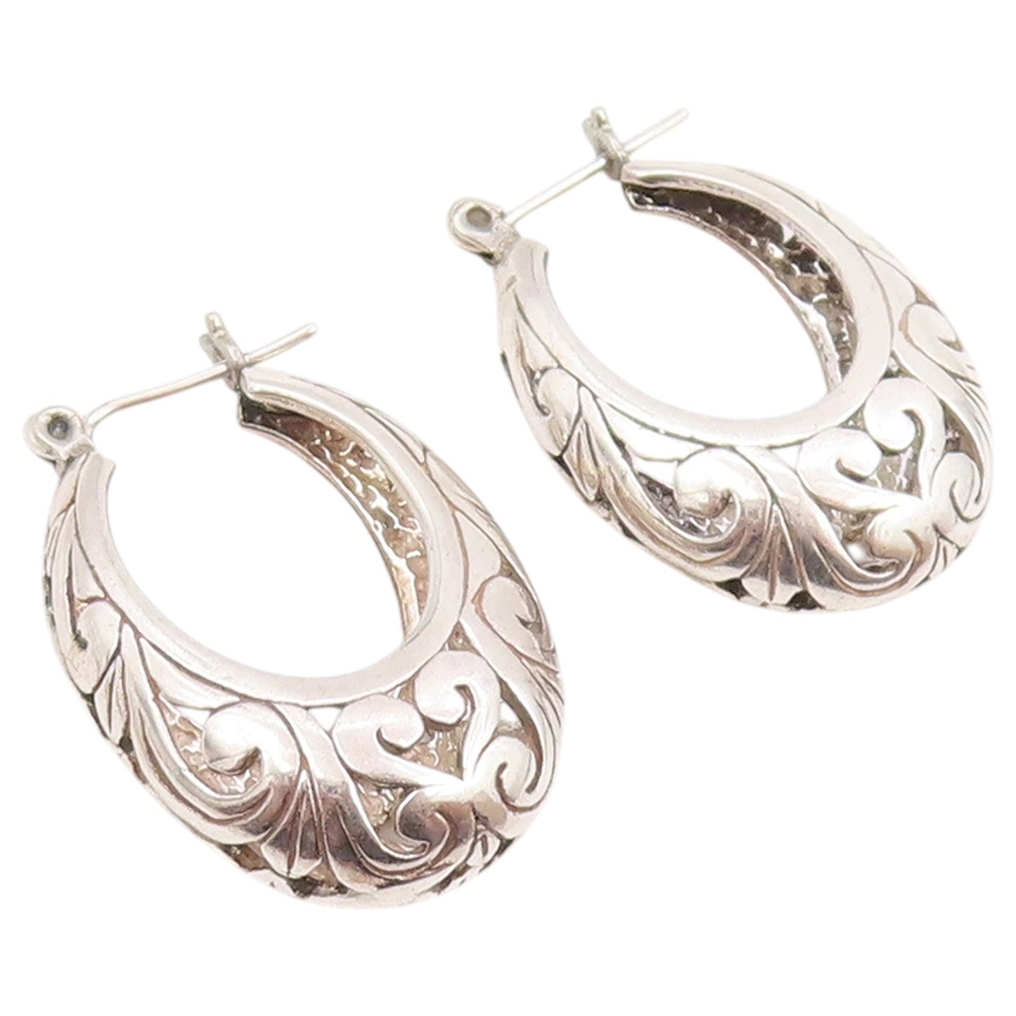 925 Sterling Silver Vintage Earrings Classic Openwork Scroll Hoops  EG14463