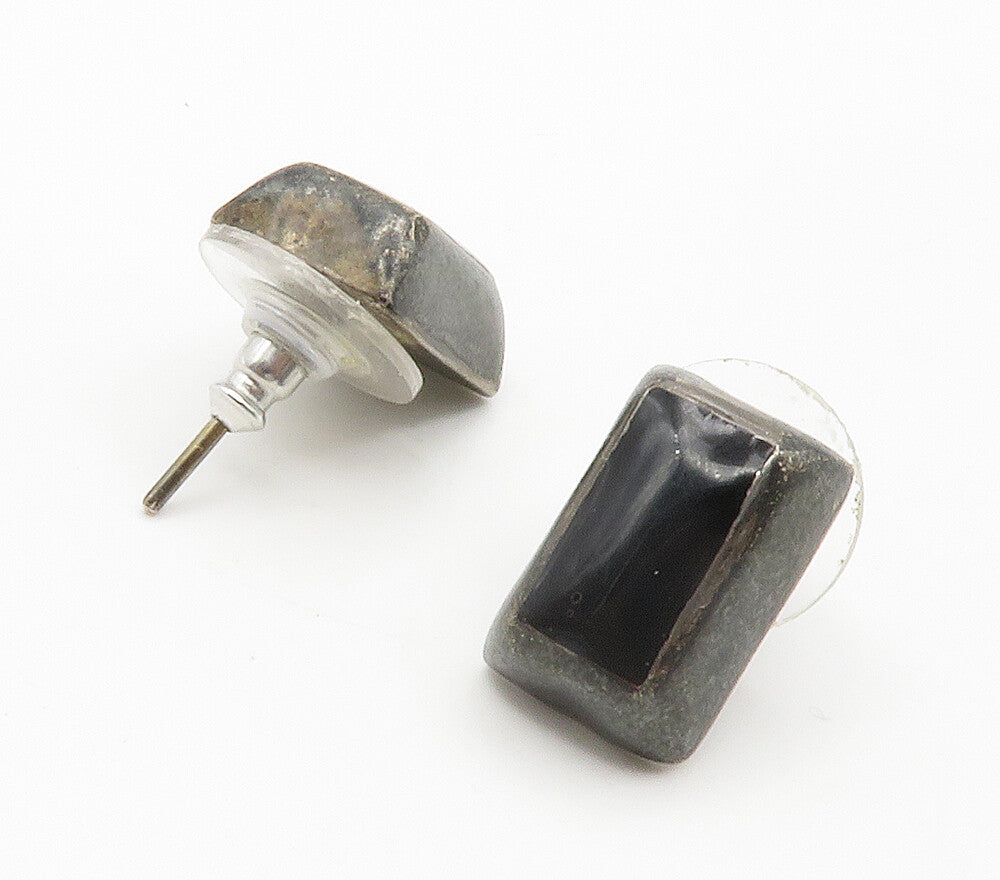 925 Sterling Silver  Vintage Inlaid Black Onyx Square Drop Earrings  EG7498