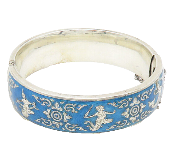 SIAM 925 Sterling Silver  Vintage Enamel Dancer Floral Bangle Bracelet  BT6884