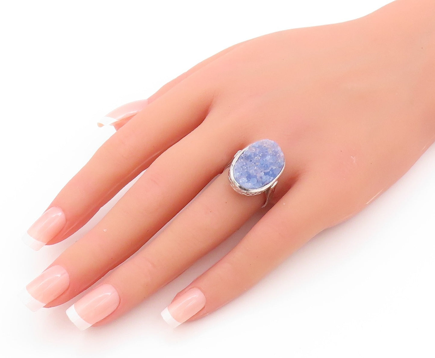 925 Sterling Silver Vintage Ring Oval Shape Blue Drusy Quartz  Sz 7  RG32797
